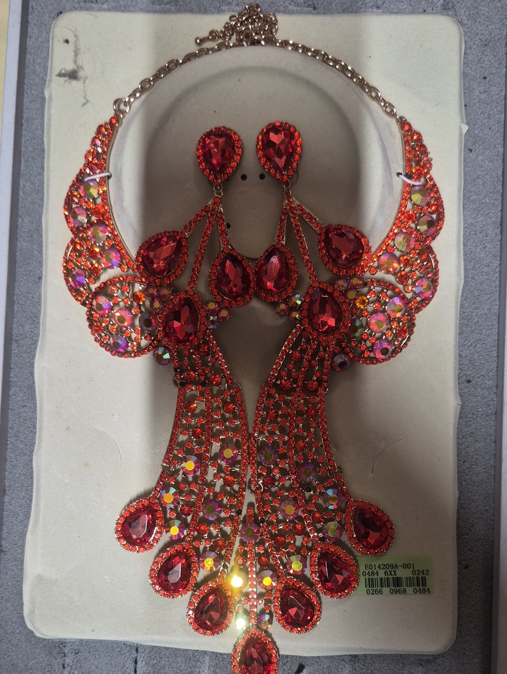 Red Crystal Statement Necklace and Earring Set - Women Jewelry